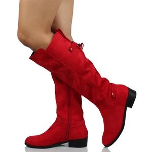 Red faux suede pull on tab knee high boot
